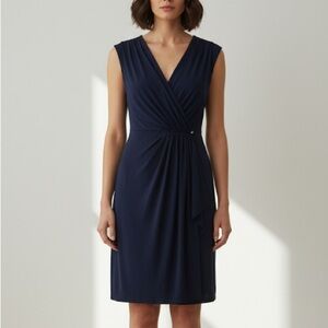 Michael Kors navy blue sleeveless draped jersey wrap effect dress - Small
